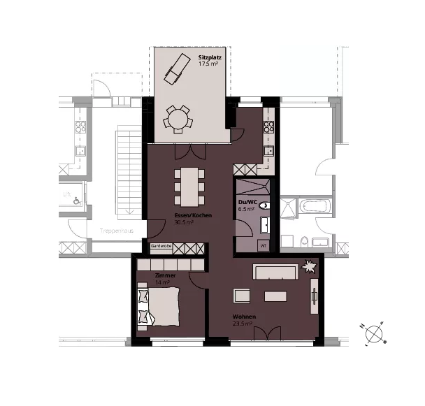 Appartement de 2 ½ pièces

Équipement moderne, grande terrasse couverte donnant sur la cour intérieure, grande baie vitrée dans le salon avec vue sur un espace vert.